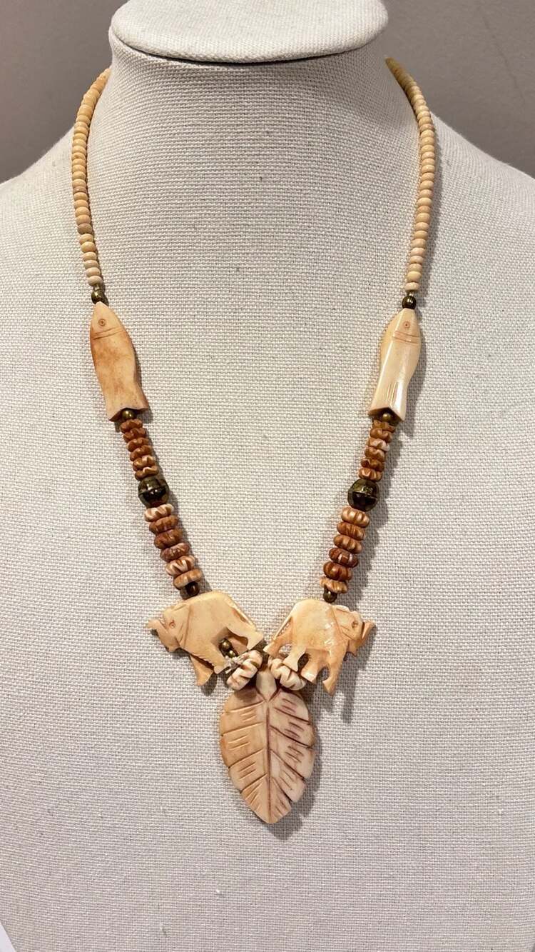 Vintage Hand-Carved Bone Ivory Necklace Elephant Fish Leaf Motifs